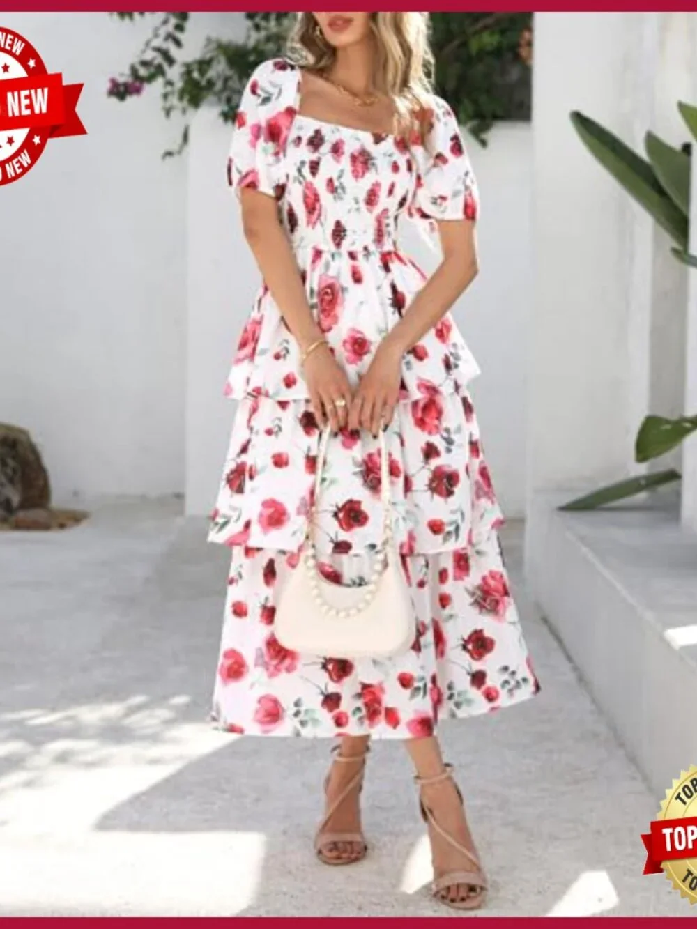 Women's Floral Maxi Dress Puff Sleeve Square Neck Smocked Tiered Boho - Picture 4 of 7